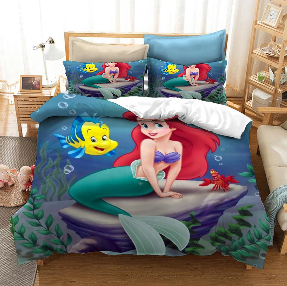 Disney Cartoon Little Mermaid Ariel Printed Bedding Sets for Childrens Girls Bedroom Decor Cotton Duvet Cover Set