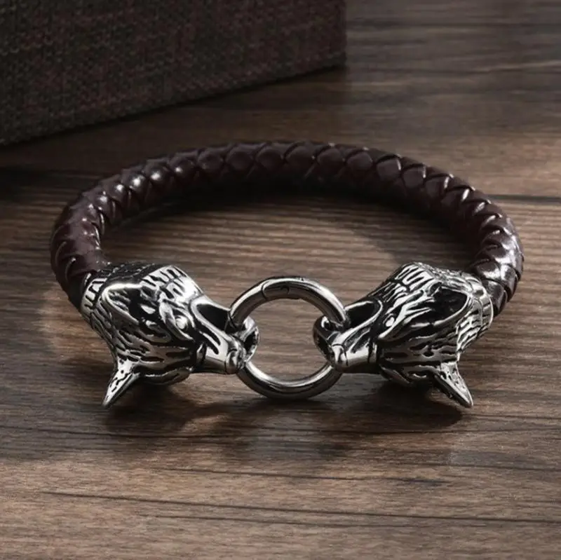 Leather Bracelet for Men Wolf Head Jewelry Gift