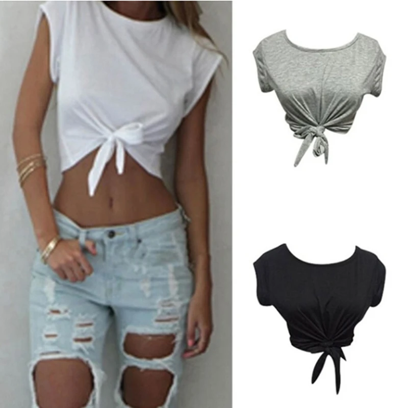 Summer Women Knotted Tie Front Crop Tops Cropped T Shirt Casual Blouse Tanks Camis Knotted Tie Front Crop Tops Ropa Mujer