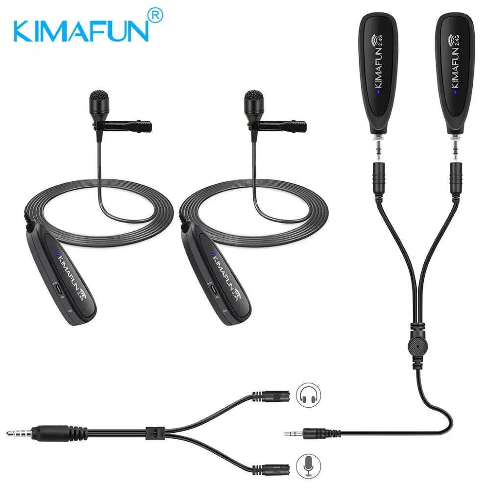 Ceny KIMAFUN 2.4G bezprzewodowy system mikrofonowy podwójny bezprzewodowy mikrofon z 2 mikrofon przypinany typu lavalier