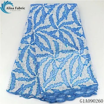 

Sky blue nigerian mesh lace fabrics 5 yards/piece embroidery with beads african sequins lace fabric french tulle laces for dress