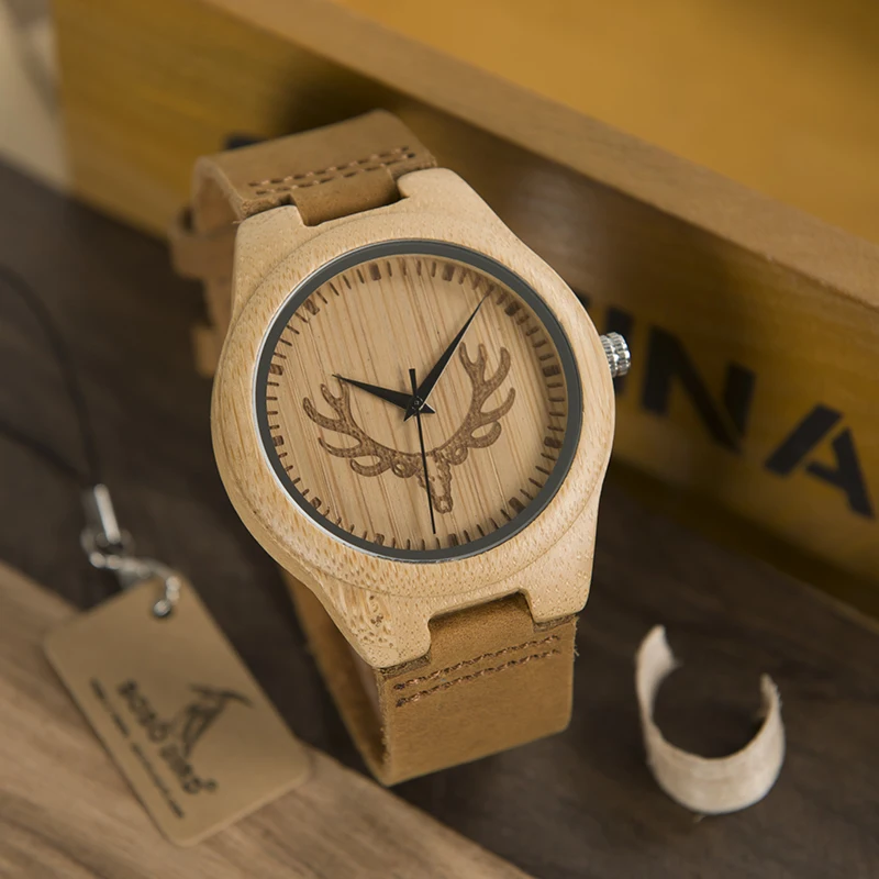 

Мужские часы BOBO BIRD Wood, часы с головой оленя, с кожаным ремешком, бамбуковые кварцевые наручные часы, мужские часы с индивидуальным логотипом в подарочной коробке, Прямая поставка