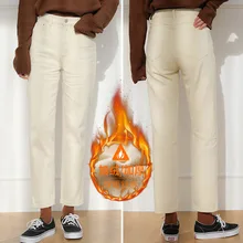 Абрикосовые прямые брюки женские уличные укороченные плюс флис Эластичный Высокая талия черные свободные джинсы длиной до щиколотки