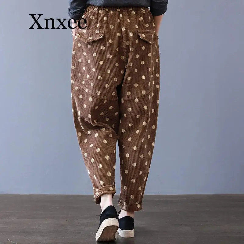 winter Autumn New Arrival Women Elastic Waist Dot print Corduroy Harem Pants all-matched Casual Loose Pants  Trousers