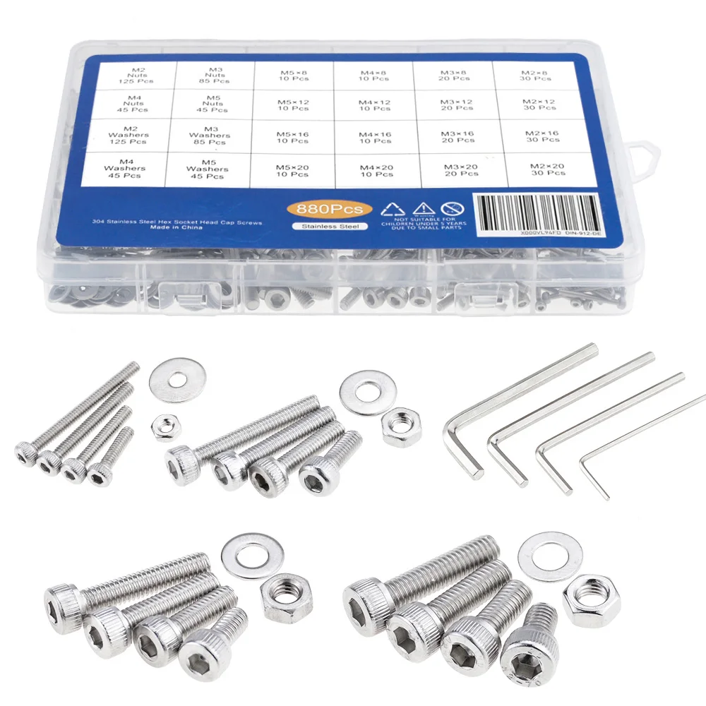 880 Pcs M2 M3 M4 M5-304 Stainless Steel Flat Head Bolts and Nuts Set 