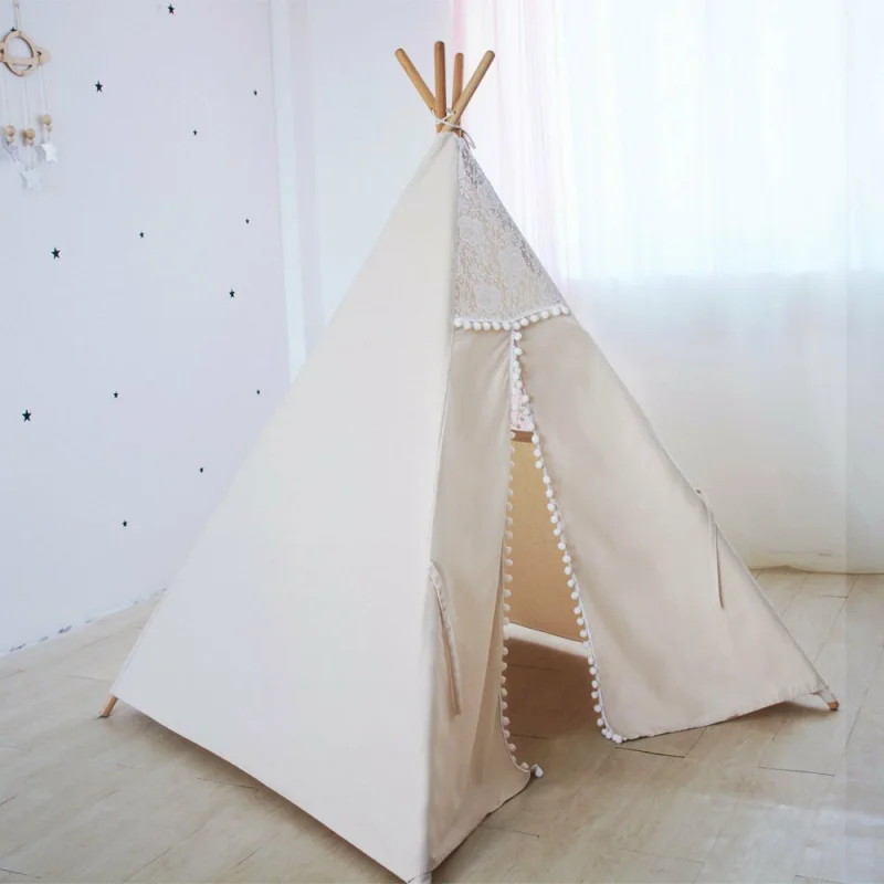 

Natural Canvas Pompoms Teepee Indian Play Tent House