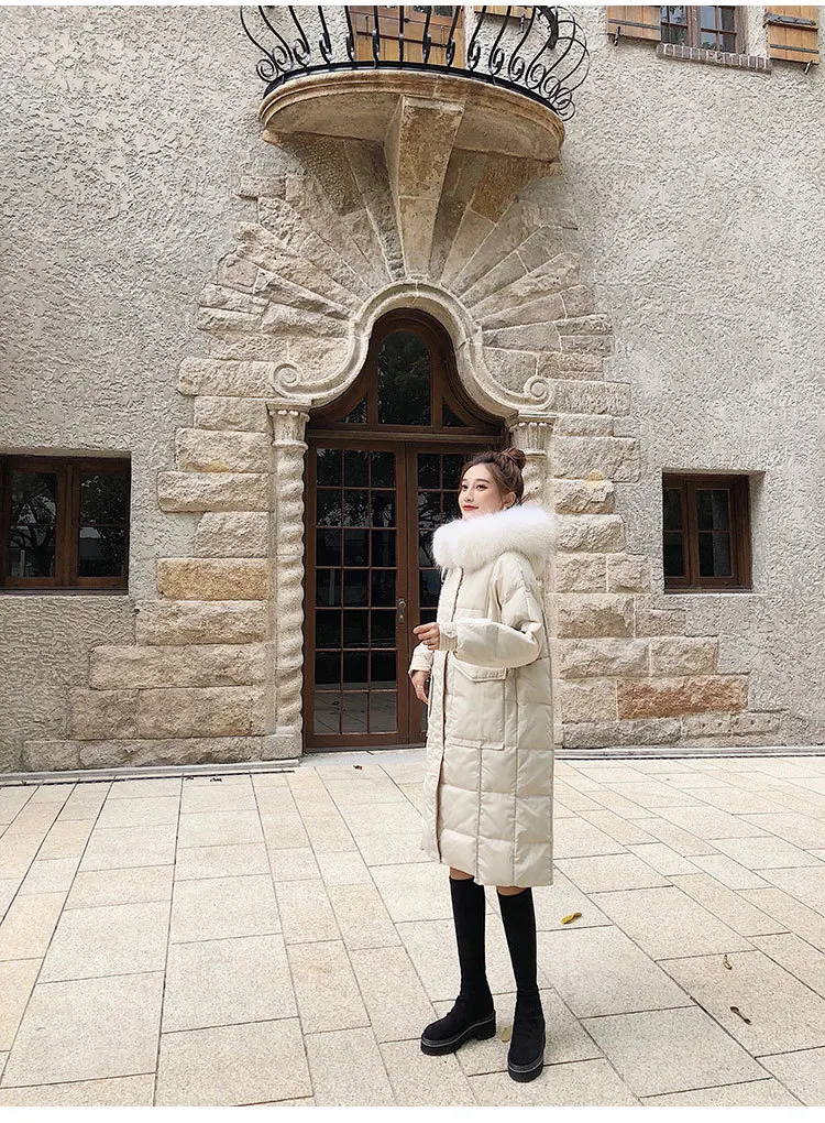 Photo Shoot Autumn And Winter New Style White Duck down Jacket Women's Mid-length Genuine Fur Collar Straight-Cut Warm Thic