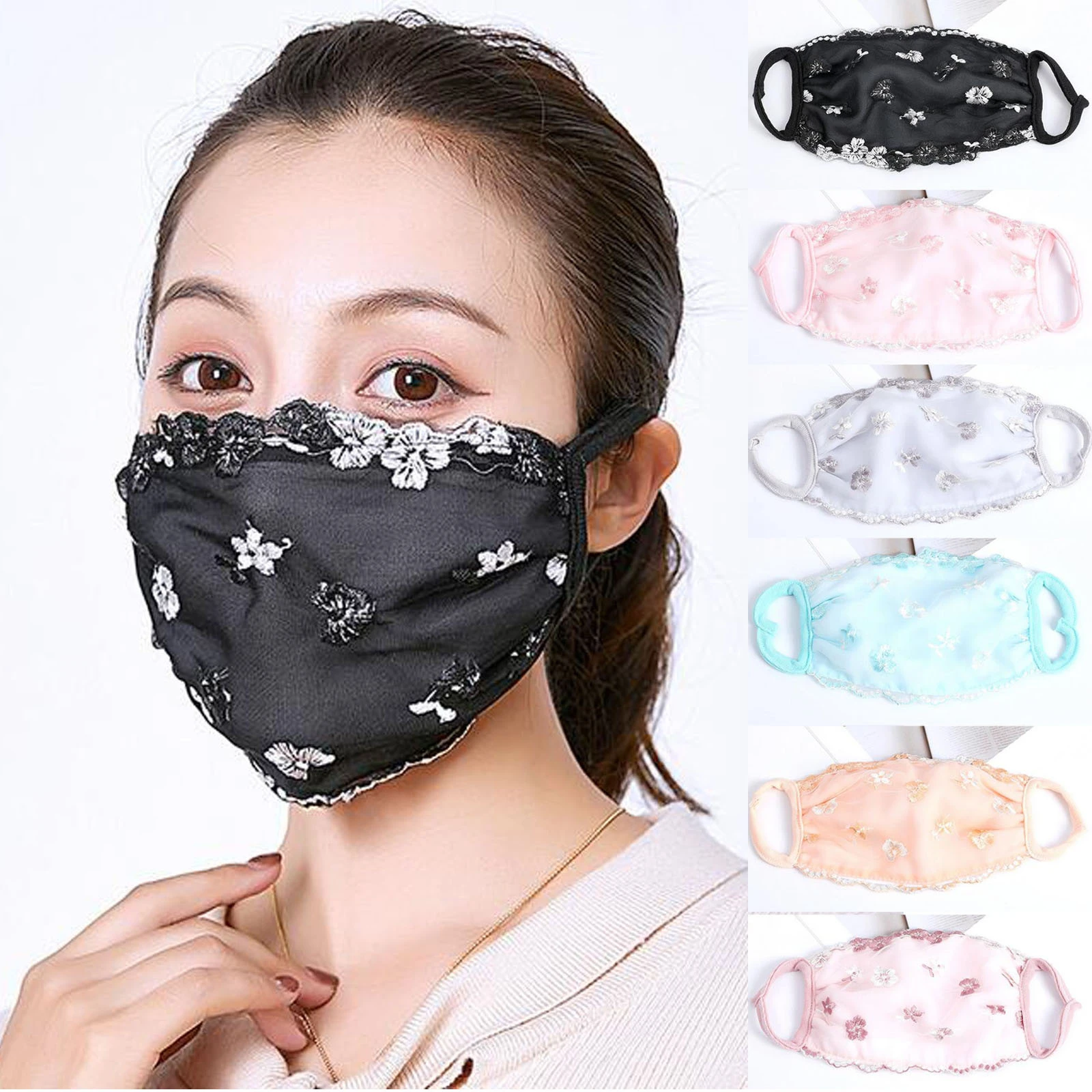 Ladies Black Flower Embroidery Mouth Mask With Lace Design Adjustable Mesh  Thin Breathable Mask Halloween Masque Tissu Lavable
