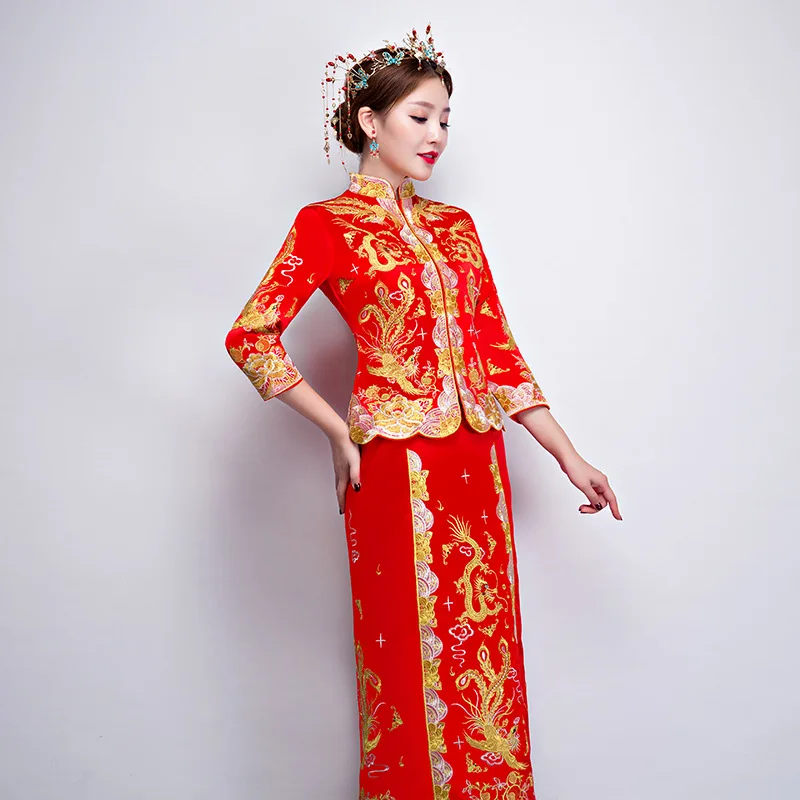 Традиционное китайское свадебное платье Cheongsam с кисточками в старинном стиле, традиционная вышивка, красный цвет, Восточный Феникс, Qipao Vestidso