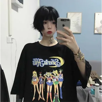 

NiceMix Summer tops Sailor Moon Cartoon letters print t shirt Casual streetwear Short Sleeve cotton T-Shirt women clothing tees