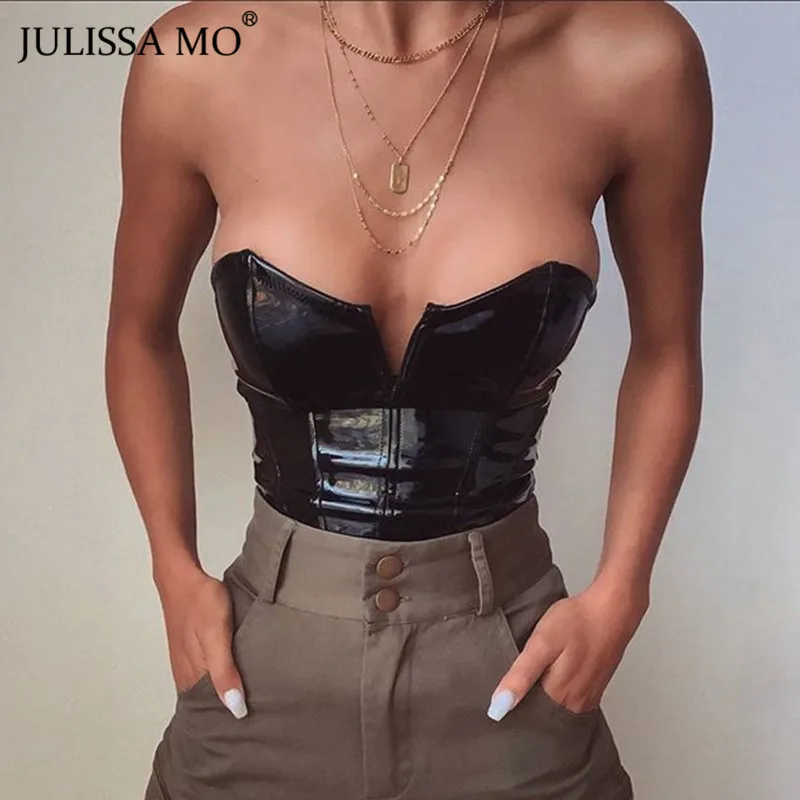 

JULISSA MO Black PU Leather Sexy Bodysuit Women Tops Strapless Backless Rompers Womens Jumpsuit 2019 Halloween Party Overalls