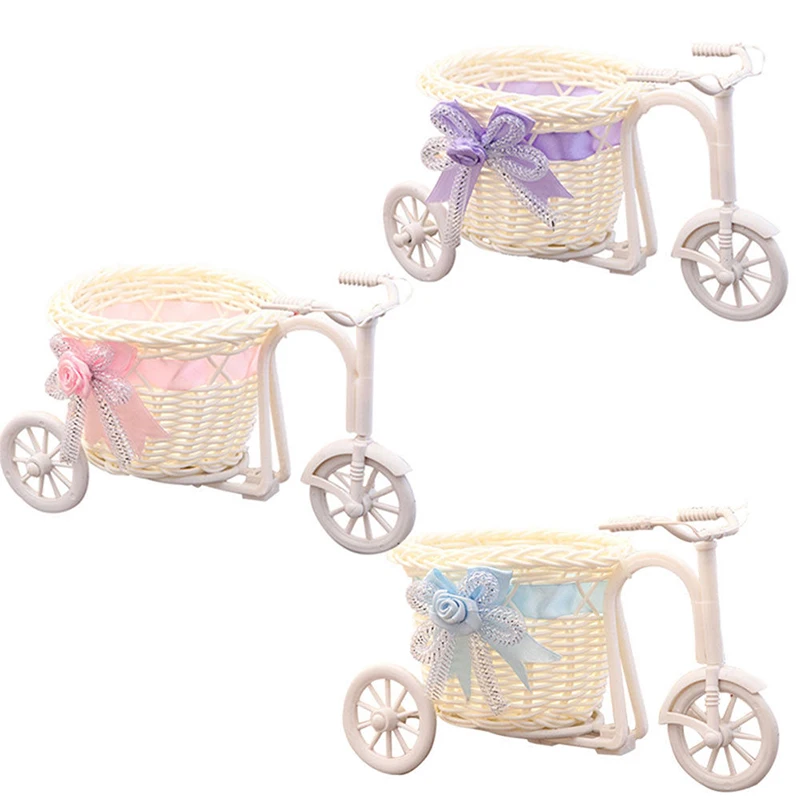 1PC Hot Sale Rattan Bicycle Storage Basket Float Vase Plant Stand Holder Tricycle Bike Flower Basket Home Decor