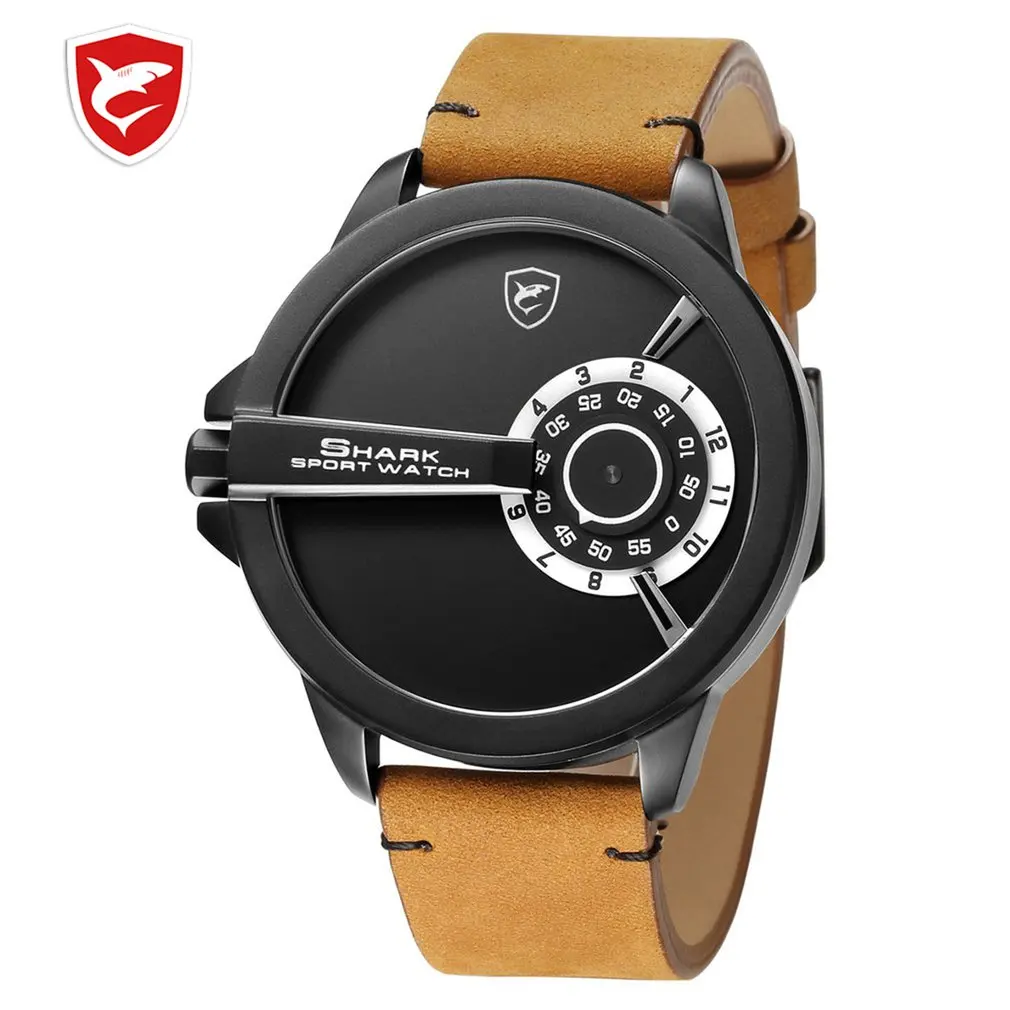 

SHARK Sport Watch Turntable Dial Special Design Quartz Crazy Horse Leather Band Waterproof Men Wrist Creative Watches /SH561 Hot