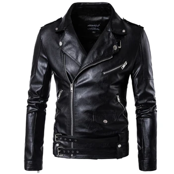 

2020 New design Motorcycle Bomber Leather Jacket Men Autumn Turn-down Collar Slim fit Male Leather Jacket Coats Plus Size M-5XL