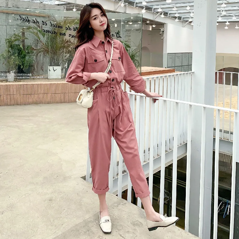 

Photo Shoot 2019 Spring Pink College Style Drawstring Waist Hugging Straight-Cut Casual Pants Women's Fold-down Collar Single Br
