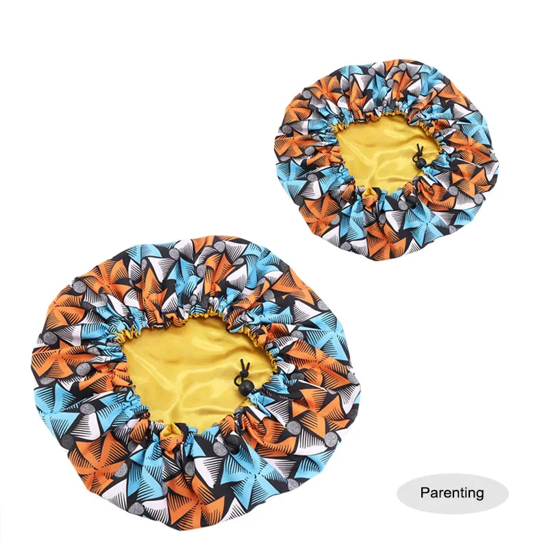  2PCS/SET Stain Silky Big Bonnet for Parent Kids African Print Ankara Bonnet Women Children Sleep Ca