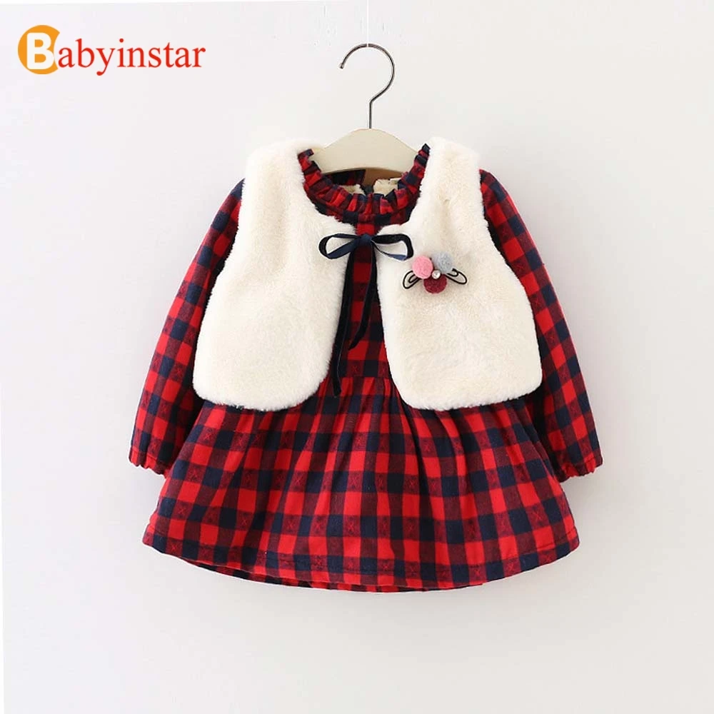Babyinstar/платье для девочек+ вельветовое платье в клетку+ жилет; комплект из 2 предметов; зимние плотные теплые Повседневные детские платья принцессы; праздничное платье для девочек