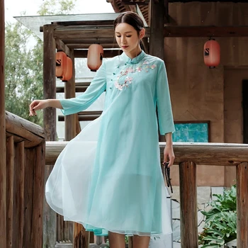 

Organza Embroidery Women Dress 2018 New Spring Autumn Three Quarter Sleeve Loose Dress Retro Ladies Chipao Clothing MQ0022