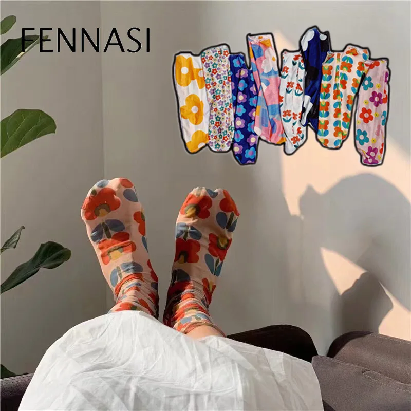 Купить FENNASI/2 пары женских черных носков с цветочным принтом прозрачные свободные | Носки (4000146741486)