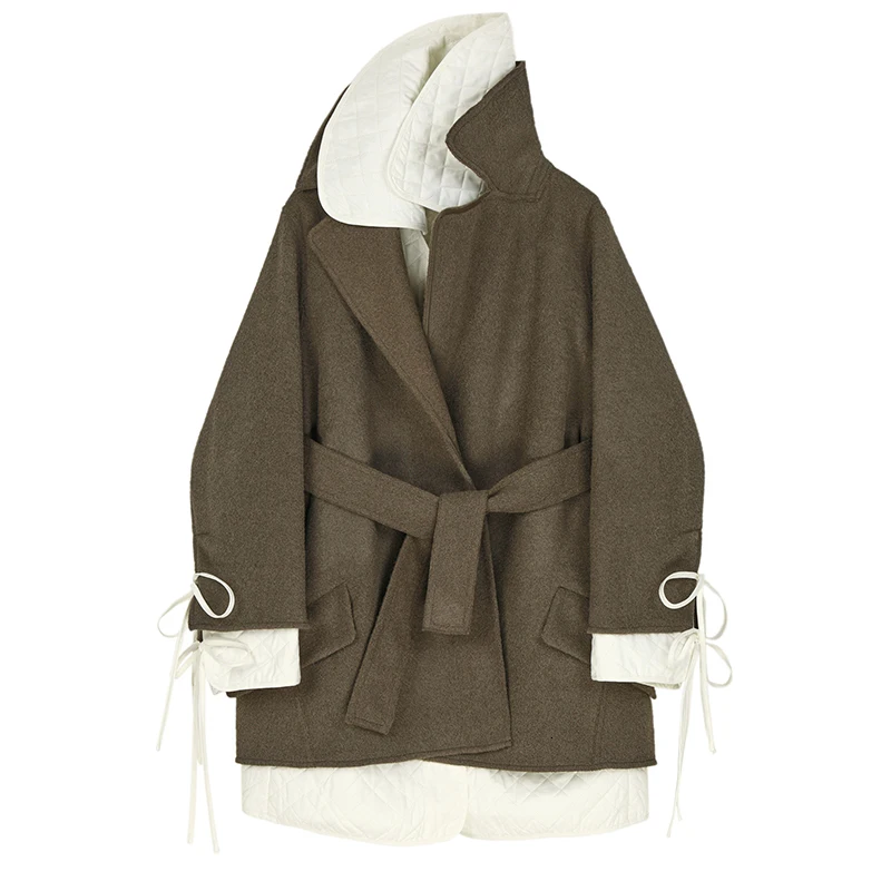[EAM] свободное приталенное Бандажное пальто большого размера из двух частей, шерстяное пальто, парки, новинка, длинный рукав, женская мода, Осень-зима, 1M720