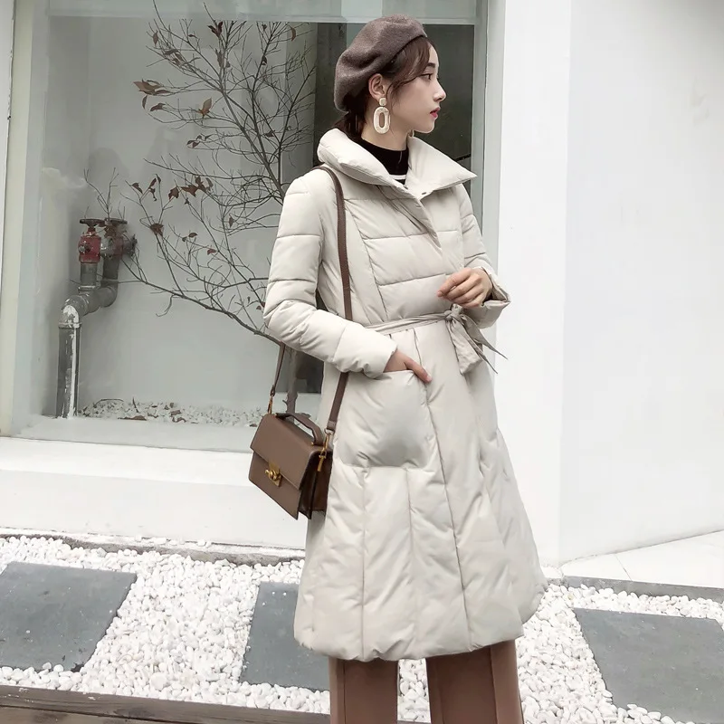 

2018 New Style Korean-style Slim Fit Waist Hugging Lace-up Cotton Coat Mid-length dou peng xing A- line down Jacket Cotton-padde