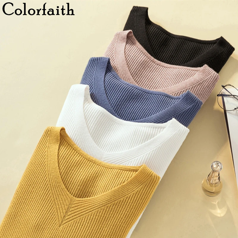 

Colorfaith New 2019 Autumn Winter Women Sweaters Bottoming Knitting Korean Minimalist Style Slim Solid Multi Colors Tops SW1165