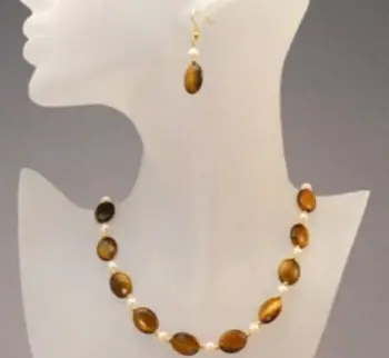 

13X18mm Natural Yellow Tiger Eye + pearl necklace Earrings Set 18'' AAA