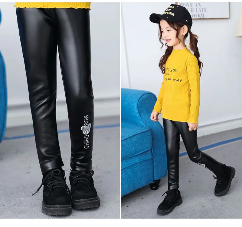 New Winter Girls Leggings Plus Velvet False PU Leather Girls Leggins Cartoon Pencil Pants Trouser