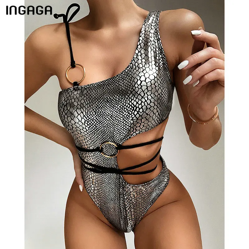 

INGAGA 2020 Snake One Piece Swimsuit Sexy Cut Out Monokini Solid Cross String Bodysuit High Cut Swimwear Women New Beach Bathers