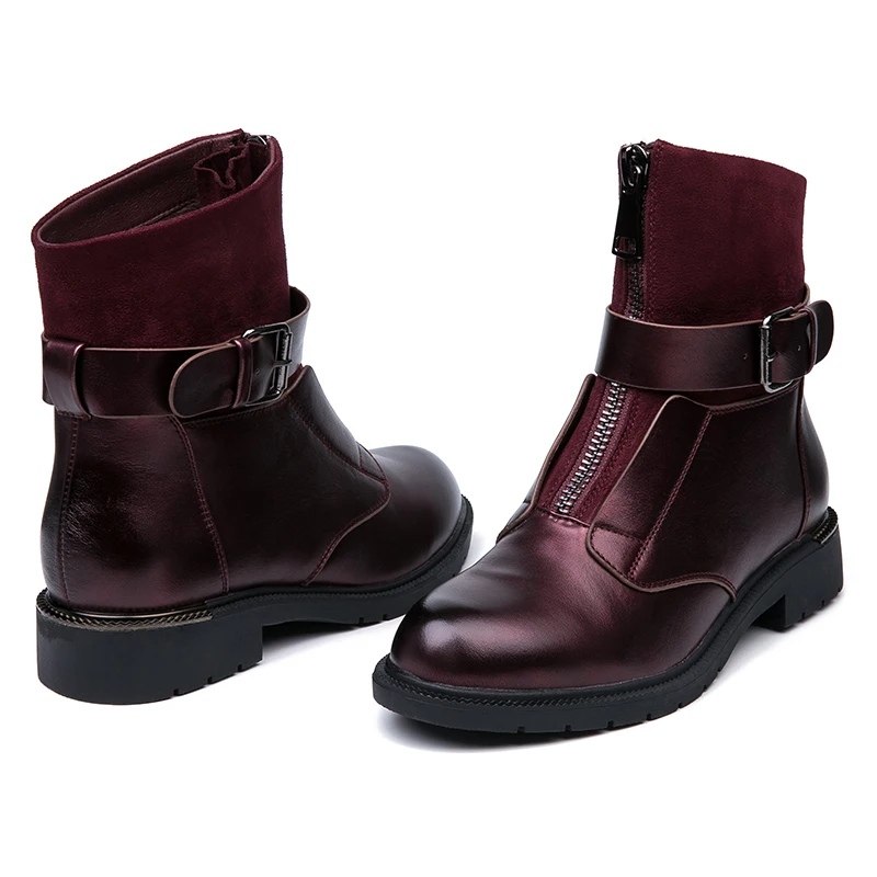 IMG_5710AIMEIGAO New Zipper Ankle Boots Women Soft PU Leather Boots Low Heel Short Plush Boots Front Zip Autumn Black Red Women Shoes