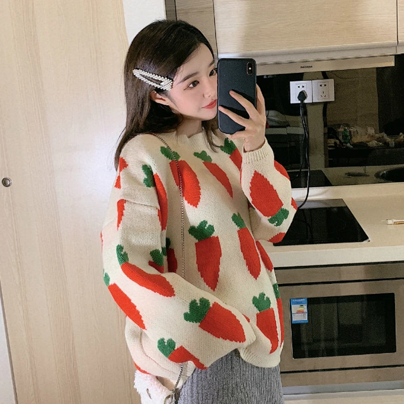 Kopen Vrouwen Gezellige Wortel Print Trui Leuke Cartoon Ronde Hals Lange Mouwen Oversized Trui Jumper Herfst Winter Gebreide Tops