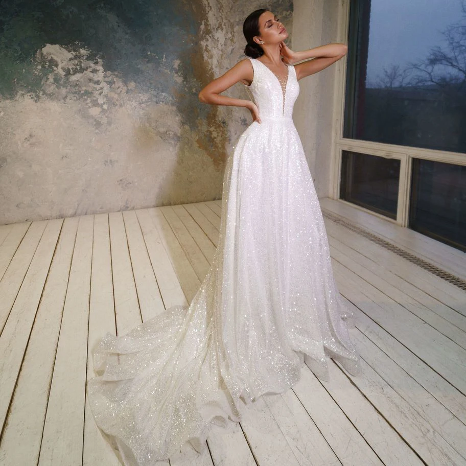 

Thinyfull Elegant V Neck A Line Wedding Dresses Sleeveless Backless Lace Bride Dresses Tulle Pearls Appliques Vestido De Novia