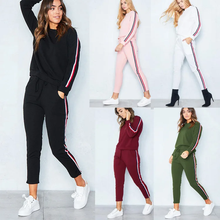 

Stripe Tracksuits 2 Set Piece Set Woman Tops Sweatshirt Long Pants Pockets Club Suits Overalls Outfit