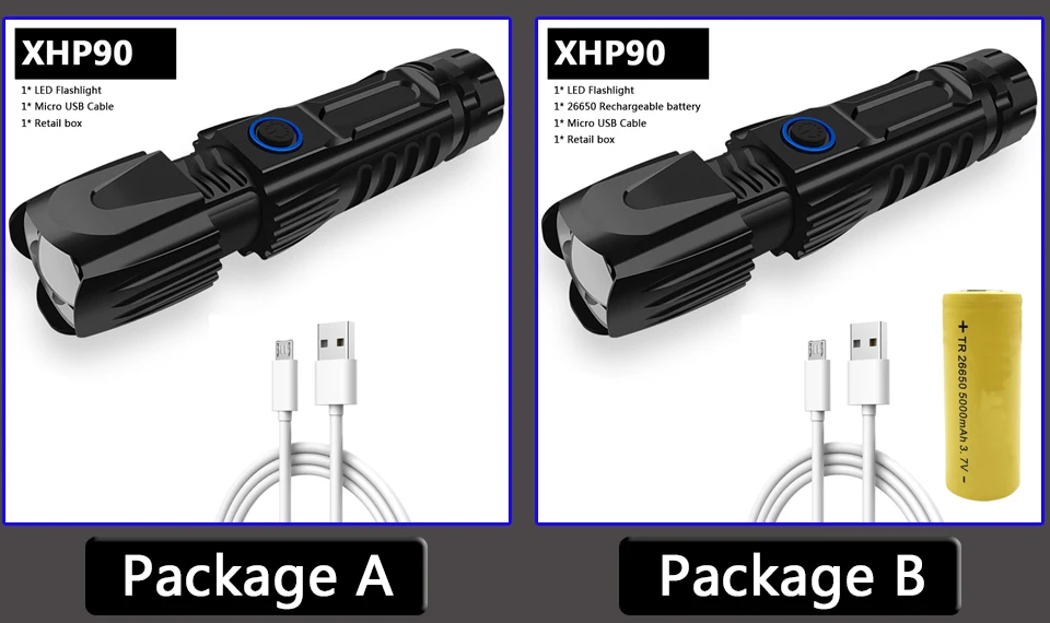 Xhp90 светодиодный фонарик usb зарядка стрейч зум ударопрочный Мощность Фул 26650 перезаряжаемые Мощность банк фонарик факел