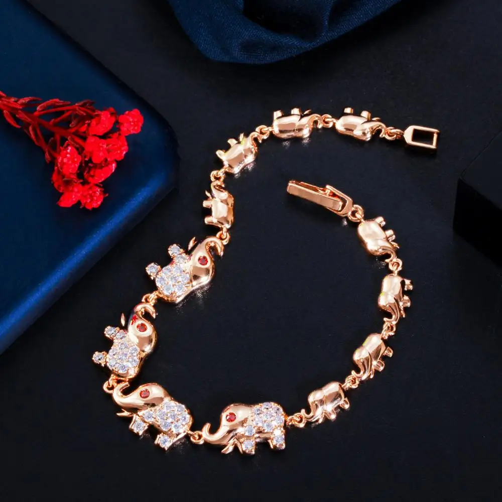 Pera Cute Elephant Shape Animal Charm Bracelets Bangles Women 585 Light Gold Color Red White CZ Wedding Party Jewelry B186 charm bracelet cubic zirconia bracelet women bracelet