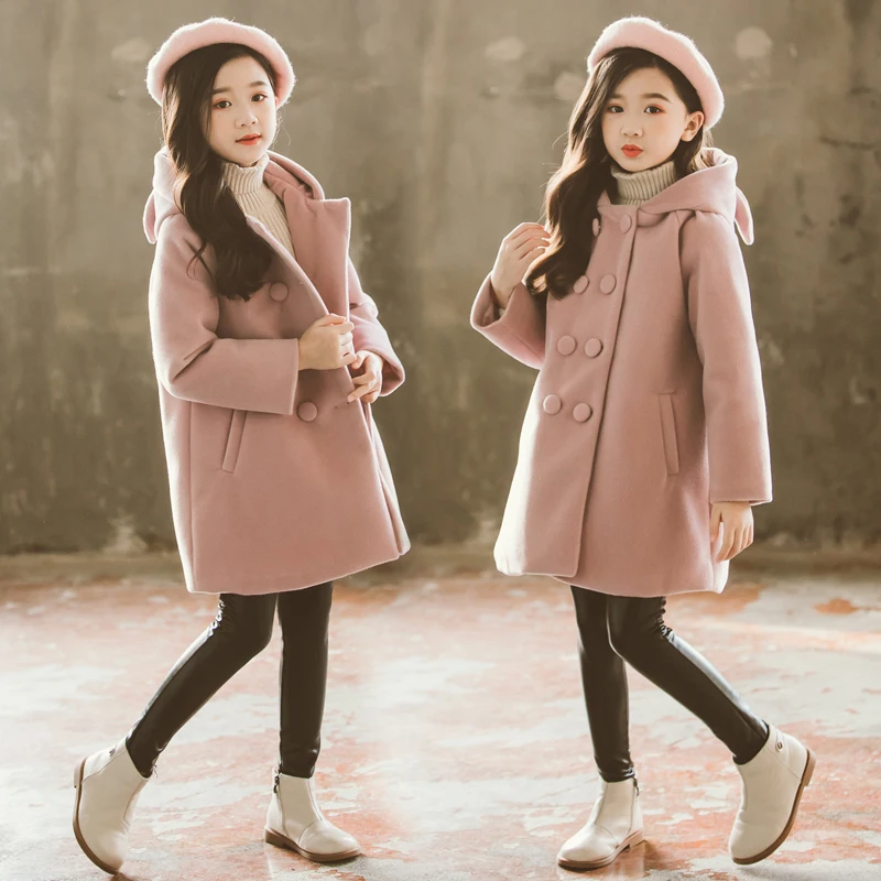 Famli/зимние куртки; пальто для девочек; шерстяной плащ для девочек-подростков; Детская Хлопковая одежда для девочек; теплая одежда - Цвет: Розовый