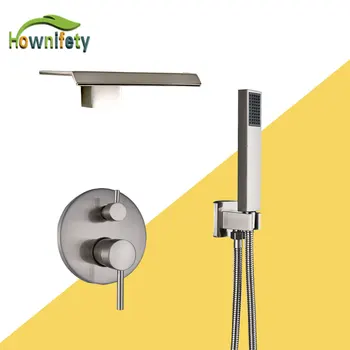 

Brushed Nickel Waterfall Shower Faucet Set Wall Mounted Bathroom Mixer Tap Bathroom Shower Set with Handshower