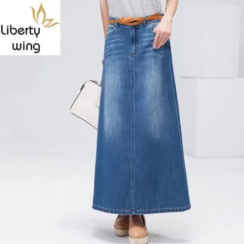 

Free Shipping New Fashion Long Casual Denim Skirt Ladies Spring Autumn Blue High Waist Maxi Loose Women Jeans Skirts