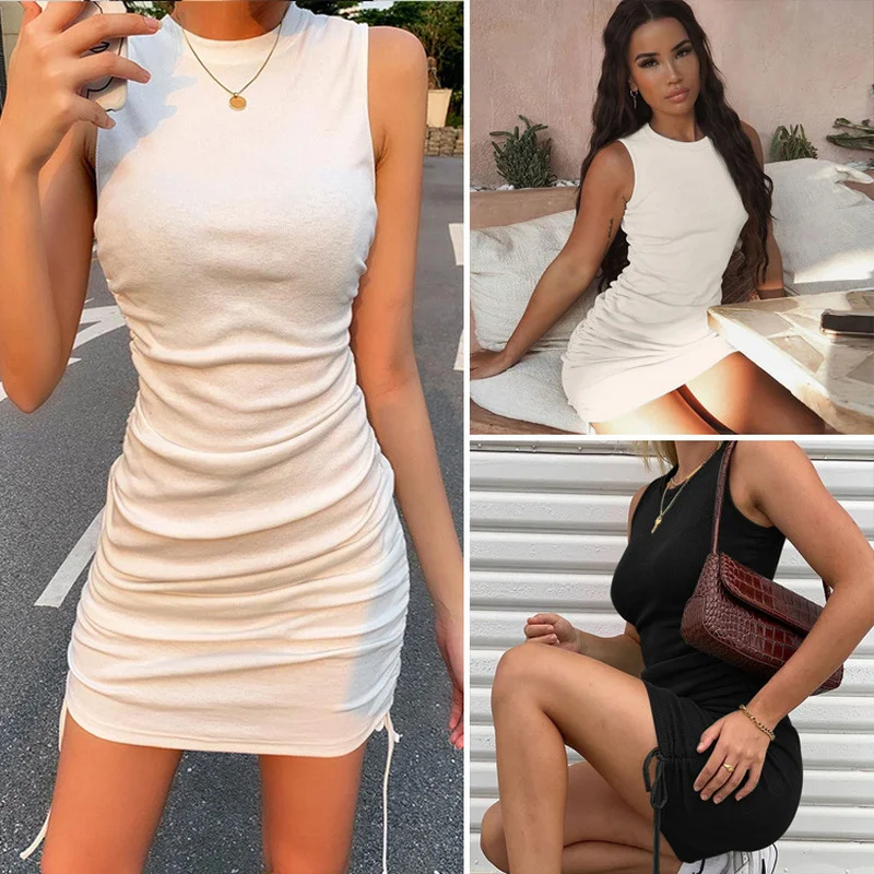 

Ruched Drawstring Sexy Party Dress Women Sleeveless Elastic Mini Dress Vintage Summer Bodycon Club Wear Vestidos Women Dress