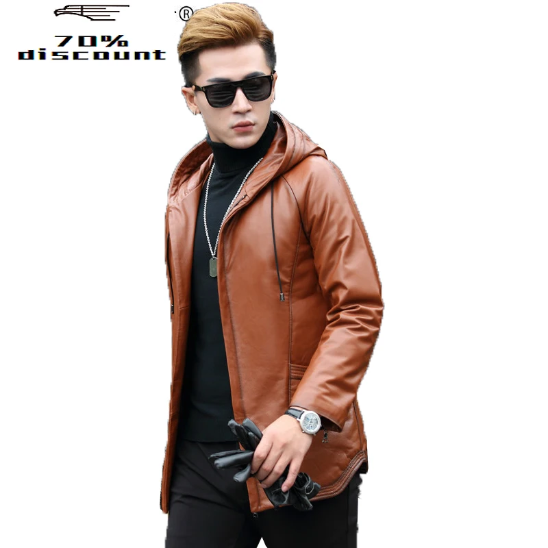 

Autumn Winter Genuine Leather Jacket Men Hooded Winter Real Cow Leather Coat Men Windbreaker Outerwear XQ-LC2033 KJ2642