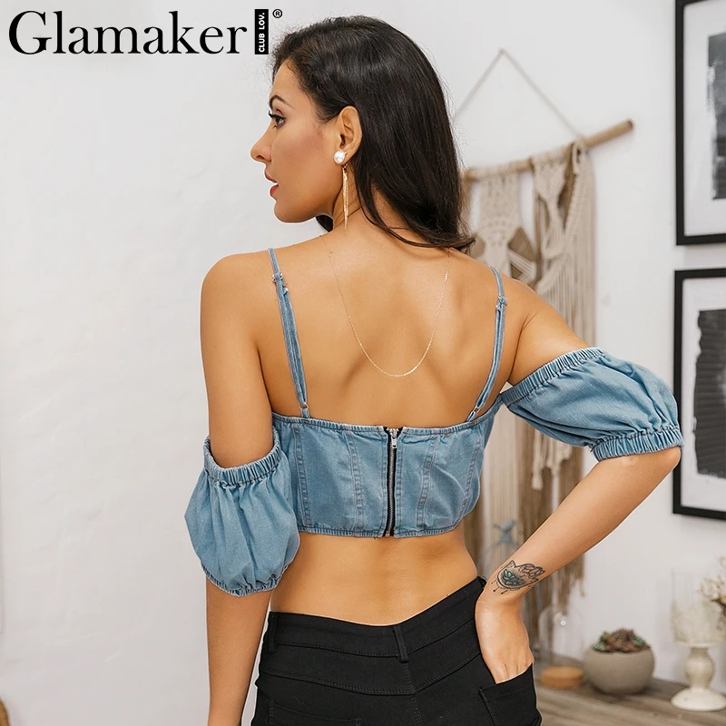 Glamaker, сексуальный джинсовый женский топ, женский, на шнуровке, элегантный, с пышными рукавами, джинсовая рубашка, Осень-зима, синяя блузка, рубашка, укороченные топы