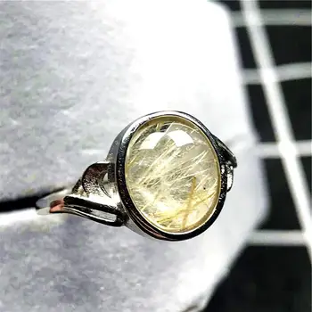 

12x11mm Top Natural Gold Rutilated Quartz Ring For Woman Man Crystal Round Beads Silver Gemstone Adjustable Ring Jewelry AAAAA