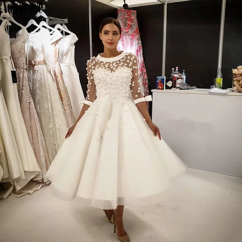 Vintage-Short-Wedding-Dresses-2020-A-Line-O-Neck-3-4-Sleeves-Bow-Sashes-Tea-Length