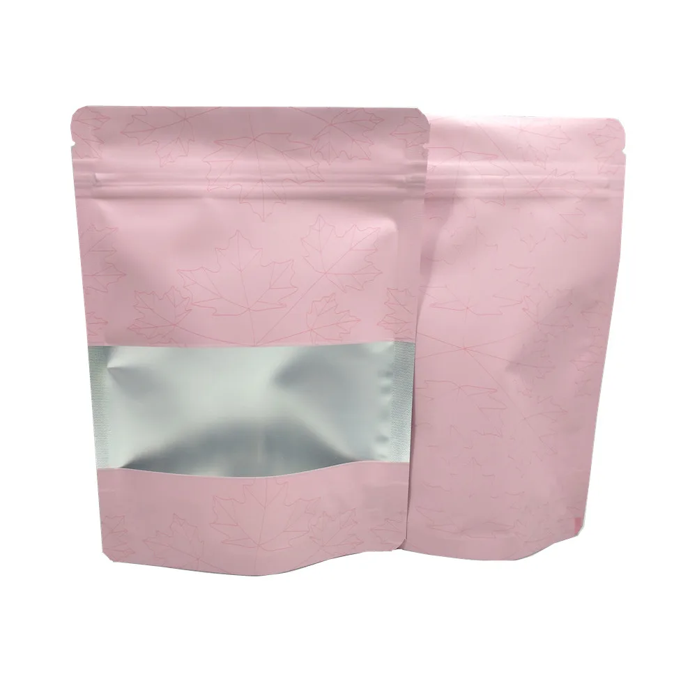 

50Pcs Pink Mylar Foil Zip Lock Stand Up Bag with Frosted Window Maple Leaf Printed Self Seal Tear Notch Doypack Food Pouches