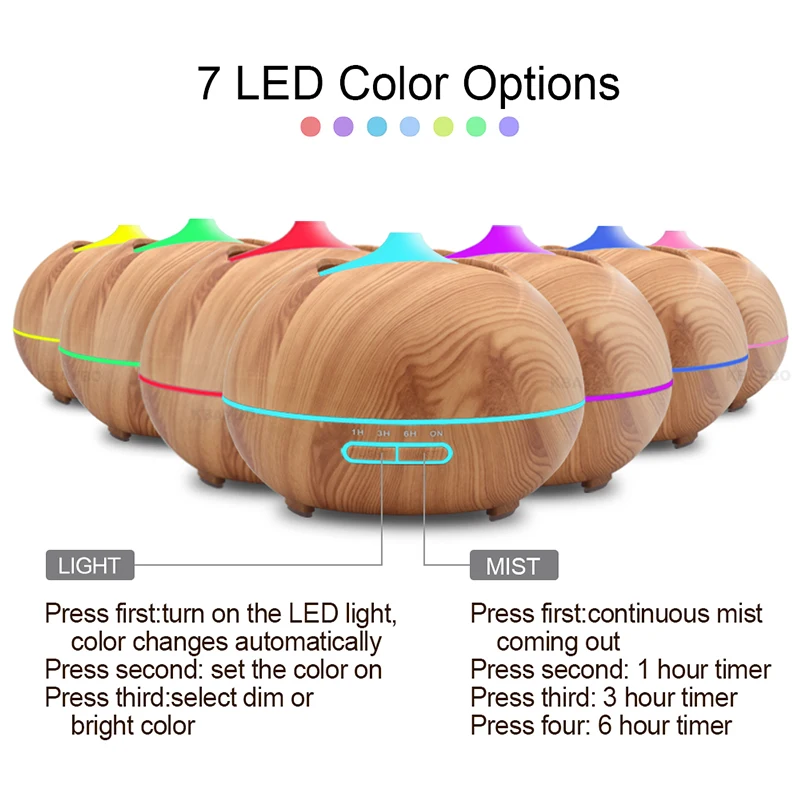 KBAYBO 400ML Wood grain air humidifier ultrasonic electric aromatherapy essential oil purification diffuser with LED light