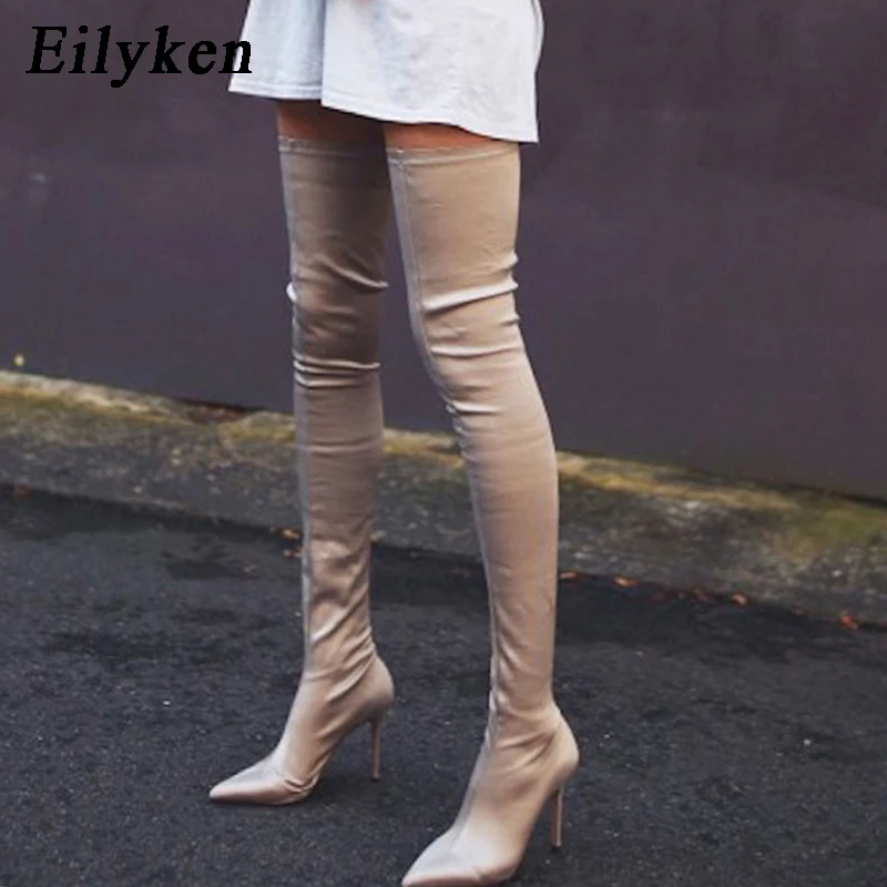

Eilyken 2019 New Winter Fashion Silk Stretch Fabric Over the Knee Boots Thigh High Boots High Heels Woman Boots Shoes