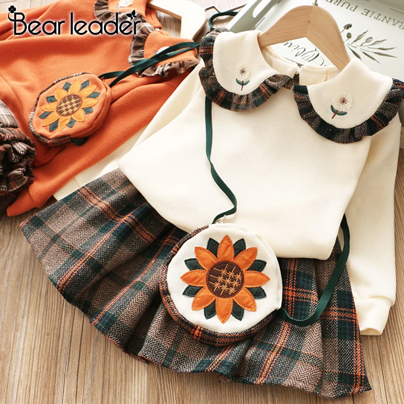 Bear leader/платье для девочек г. Зимнее платье с геометрическим узором одежда с длинными рукавами для девочек топ, пальто+ платье-пачка, свитер вязаная одежда, 2 шт