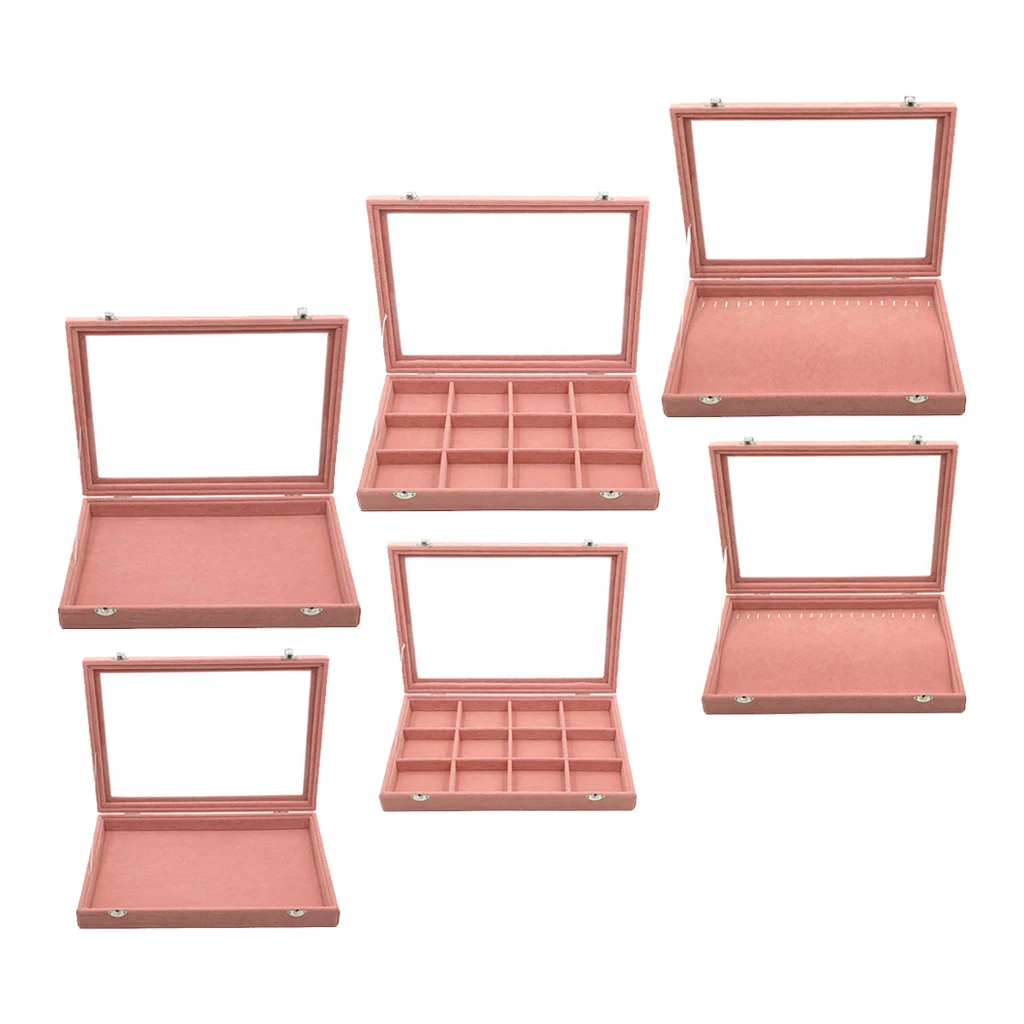 Jewelry Tray, Velvet Case Organizer with Glass Lid for Ring, Stud, Necklace, Bracelet, etc