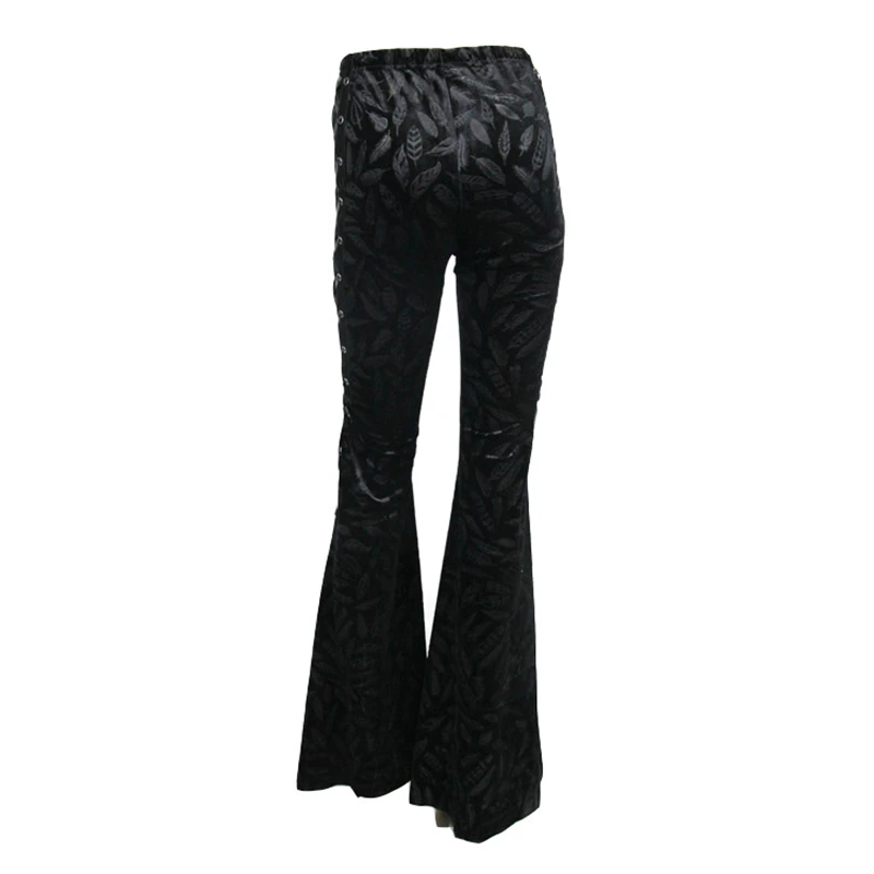 Devil Fashion Women Gothic Dark High Waist Long Trousers with Feather Pattern Velvet Flare Pants