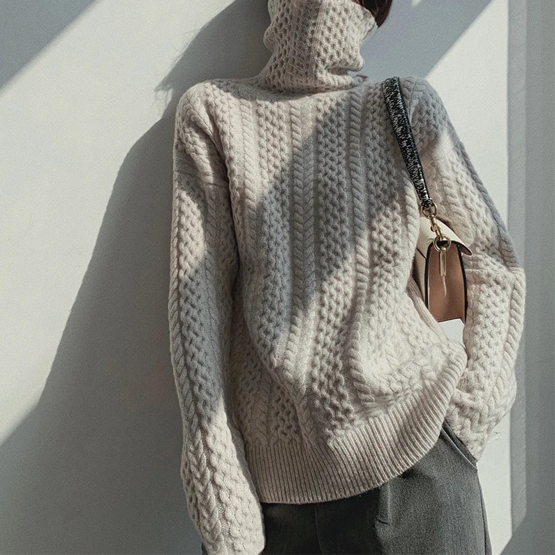 High collar100% pure wool sweater female autumn winter pile pile collar vintage twisted loose loose lazy wind sweater tide - Цвет: mihui